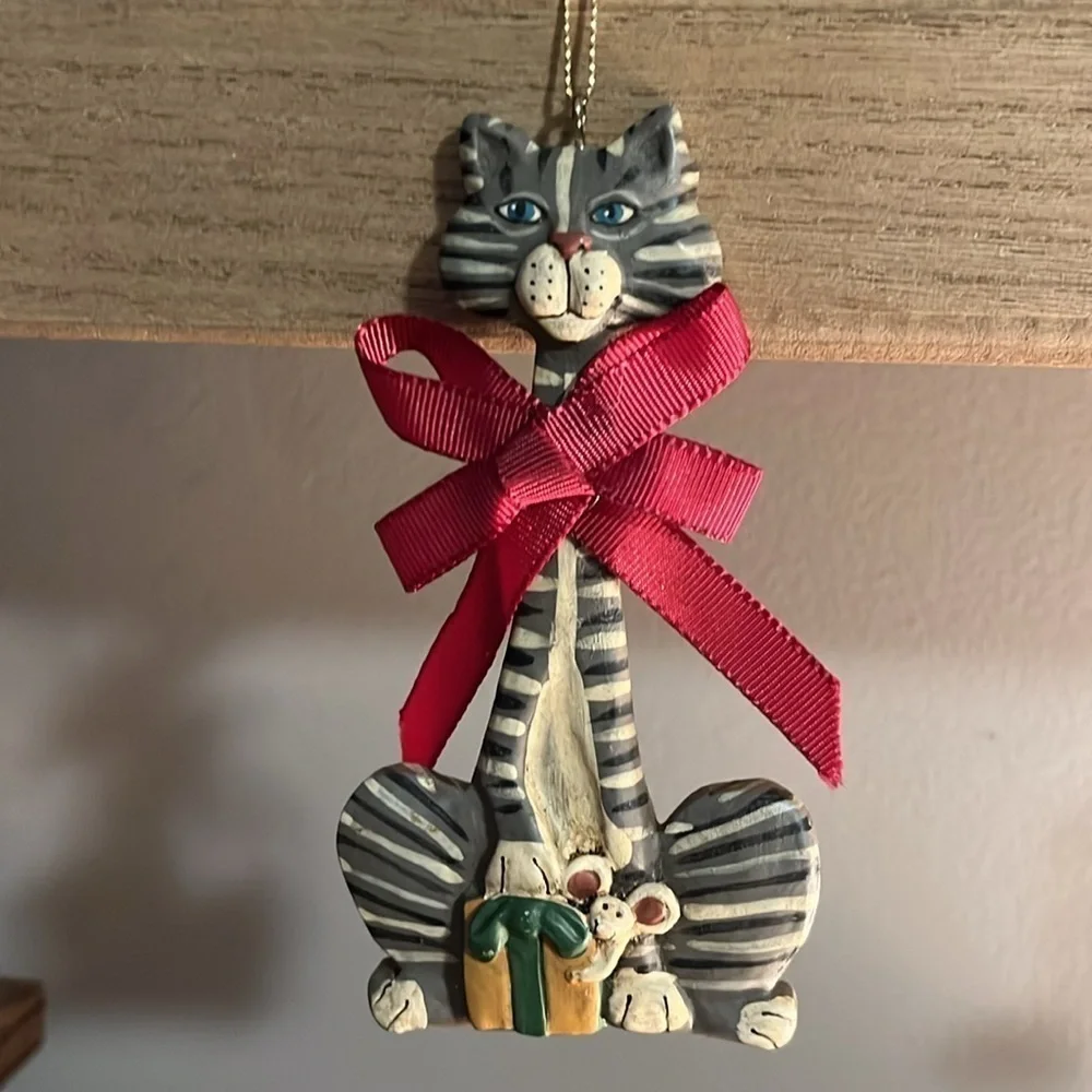 Kurt Adler Long Neck Cat with Burgundy Bow Resin Vintage Collectible